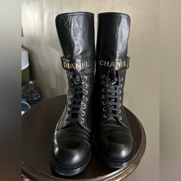 CHANEL Shiny Calfskin Lace Up Combat Boots 38.5 Black - Picture 3 of 15